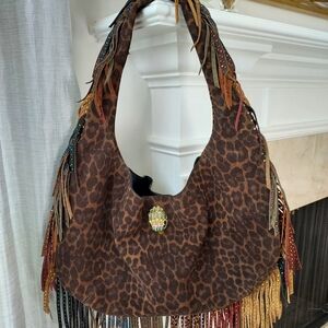 Kurt Geiger- With Orginal Dust Bag. Chic Leopard Hobo Bag with Fringe Accents